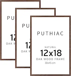 puthiac 12x18 Walnut Oak Wood Picture Frame - Minimalist 12x18 Poster Frame, 12"x18" Picture Frame Wood, Natural Solid Wooden Picture Frames for Wall Art Photo and Prints (3 Pack, Walnut)