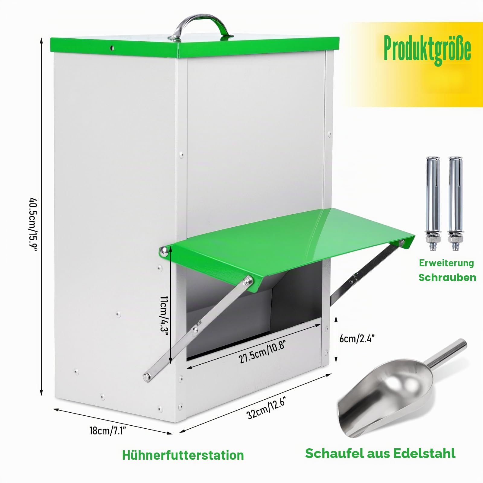 Automatischer Hühnerfutterspender 11,3 kg Metall Geflügel Futterspender mit Deckel Großer Hühnerstall Feeder Hängende Hühnerfutterstation Trog für Wachteln Hühner Enten
