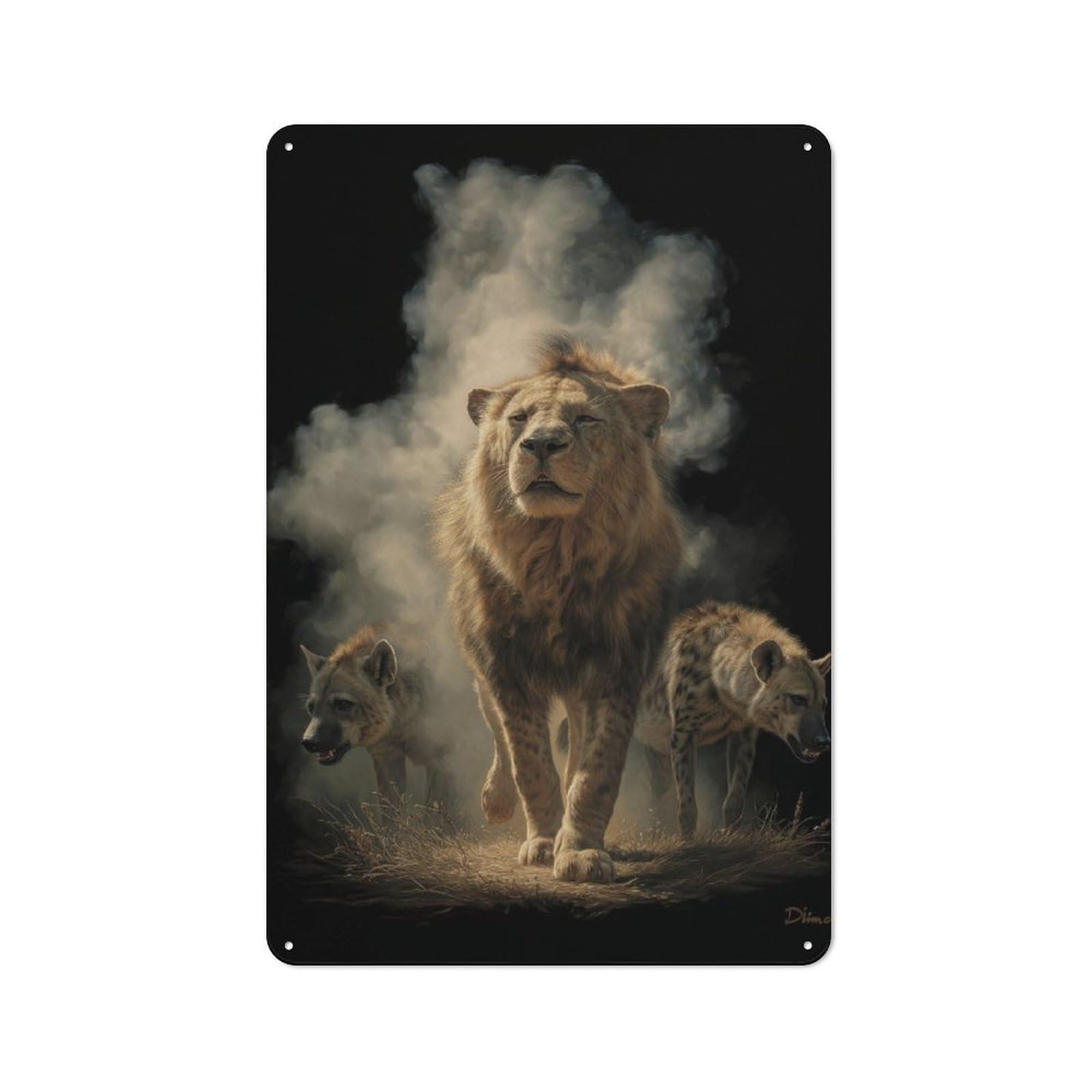 Junmoney Lion And Hyenas In Smoke Metal Plaque 30X20cm With For Garage Wall, Retro Decor, For Themed Interiors In Garages And Workshops
