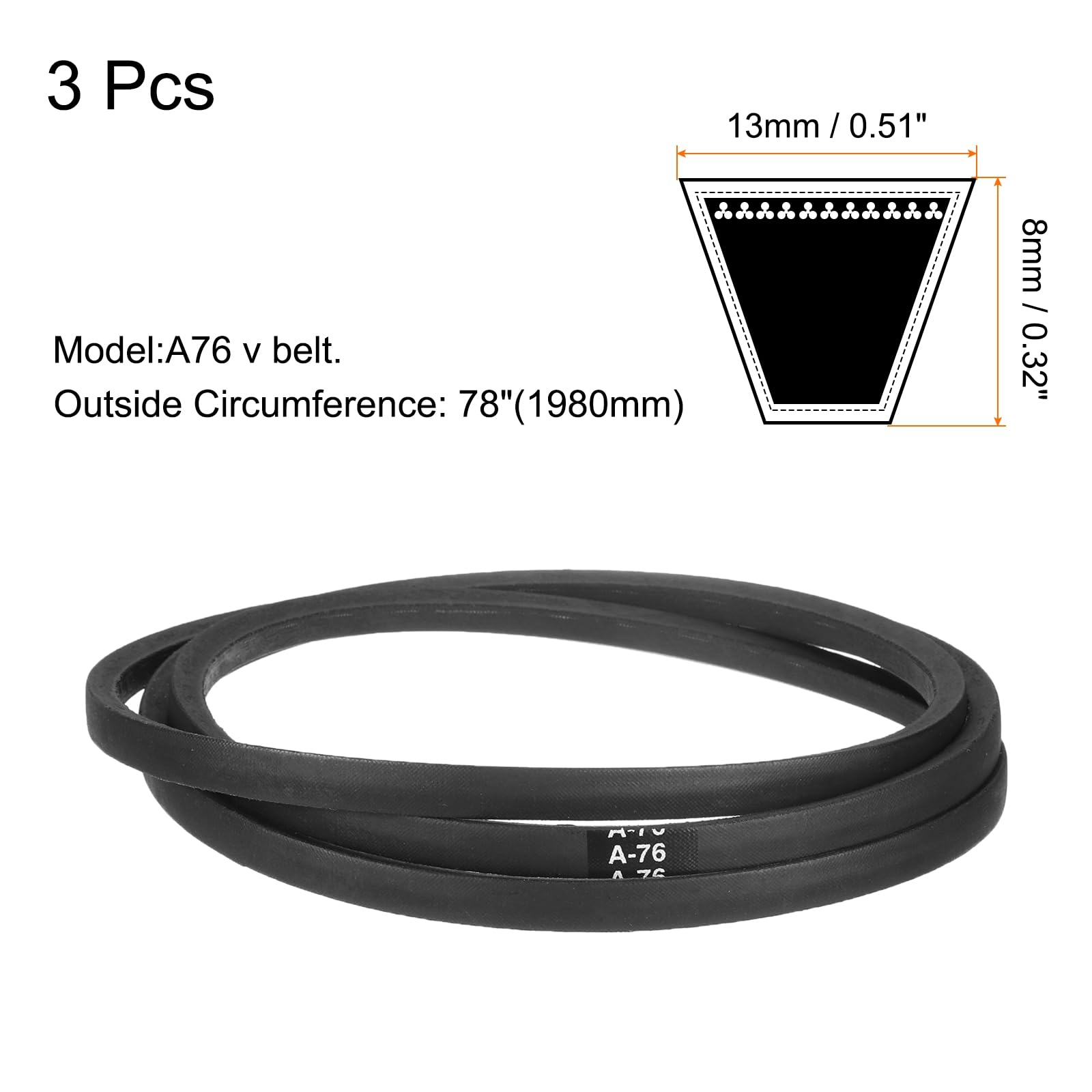 QUARKZMAN 3pcs A76 Ou 4L780 Classic Wrapped Rubber V-Belt, 76"(1930mm) Longueur