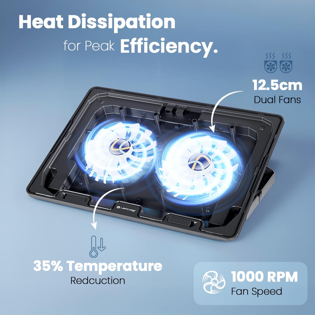 Lapcare Chillmate Powerful Laptop Cooler Pad with Dual 125mm Fans, Silent Operation, Adjustable Fan Speed, Controls, USB, 5 Step Retractable Stand and Mobile Holder 16