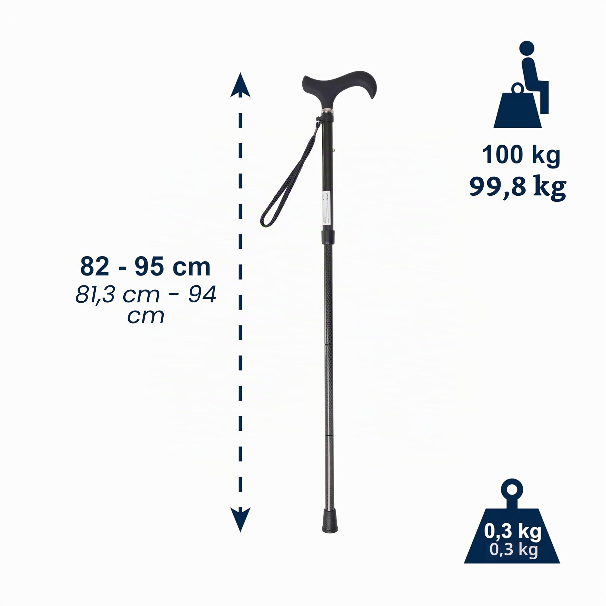 KMINA Gehstock Klappbar Carbon, Faltbarer Spazierstock für Damen und Herren, Leichtgewicht Kohlefaser Stock Höhenverstellbar, Eleganter Faltstock mit Softgriff, Schwarz - Modell PRO