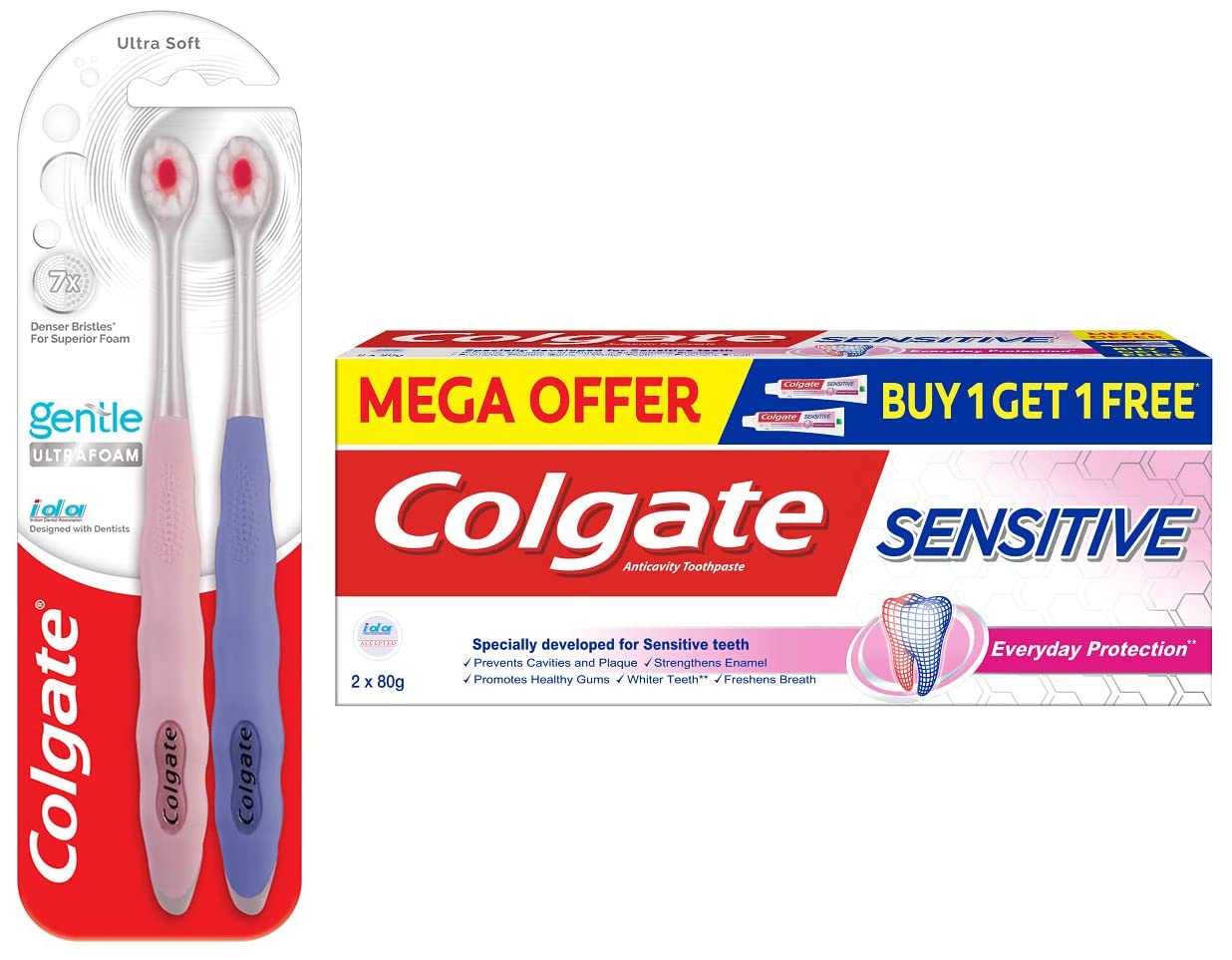 Gentle Ultrafoam Ultra Soft Bristles Manual Toothbrush For Adults, 2 Pcs, Multicolor & Sensitive Everyday Protection Toothpaste, Twin Pack Of 160G (80G X 2)