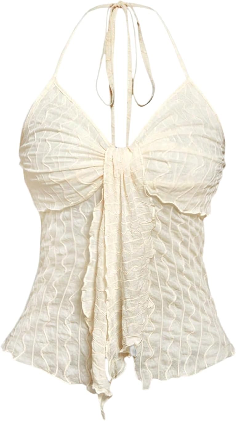 Verdusa Women's Textured Mesh Y2k Halter Top Bow Tie Slit Backless Going Out Tops