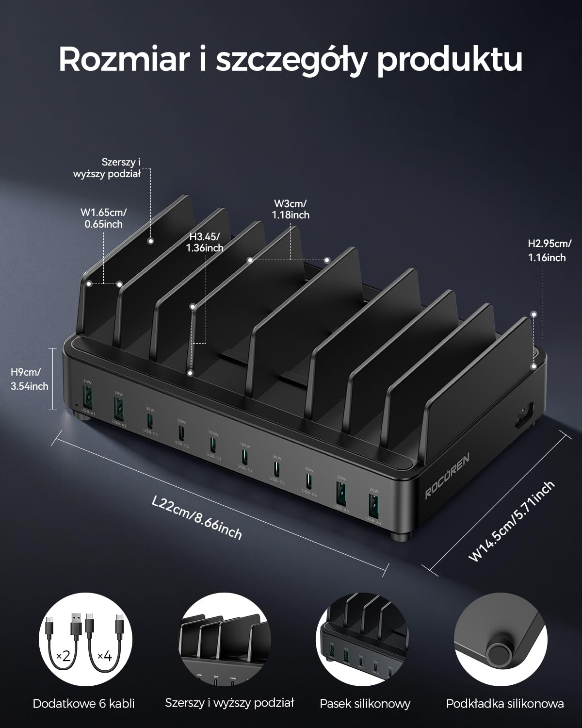 Stacja ładowania wielu urządzeń Rocoren 400 W, stacja ładowania telefonów komórkowych PD100 W z 10 portami USB-C GaN, ładowarka biurkowa kompatybilna z MacBookiem Pro/Air, iPh0nem i Galaxy