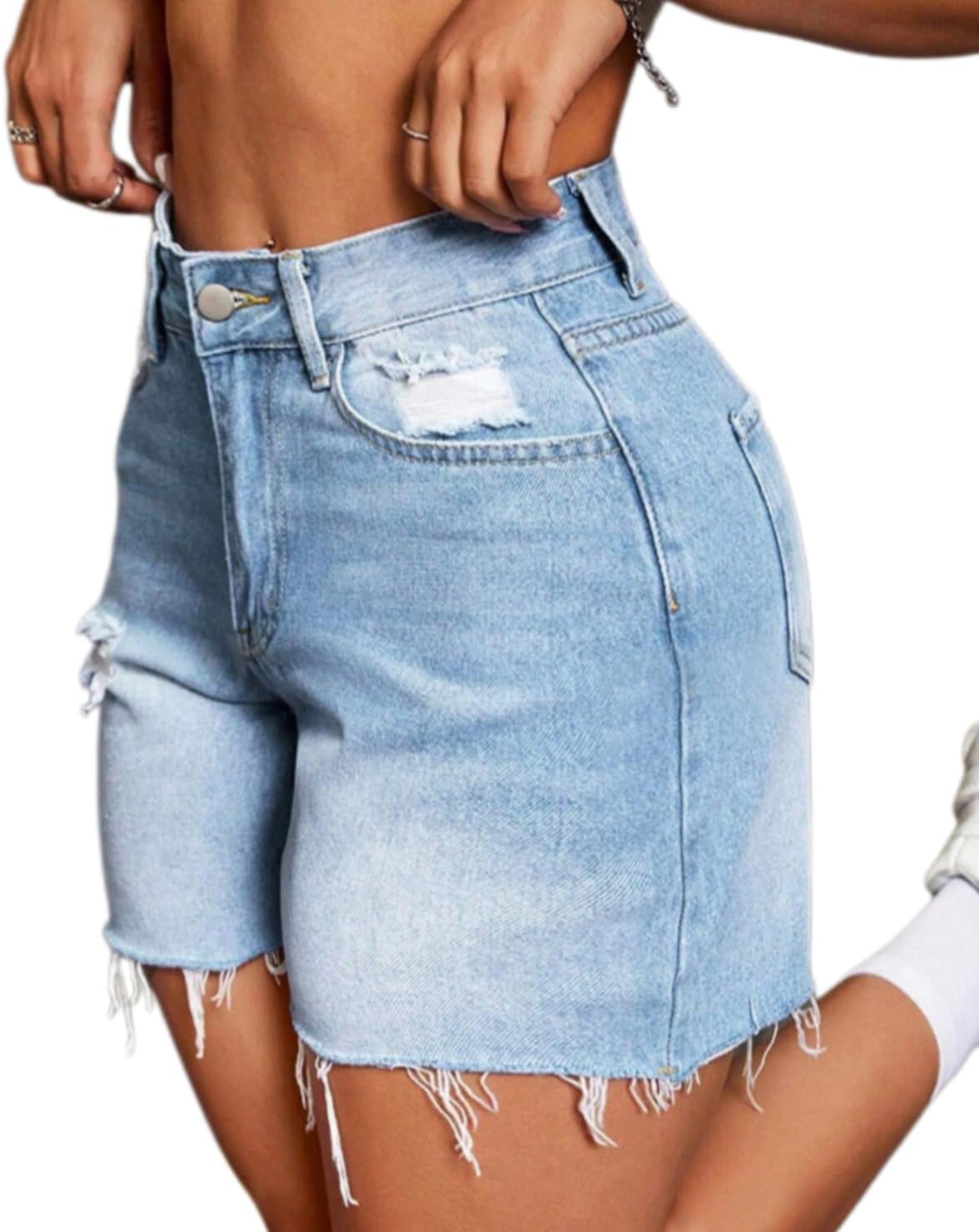 Womens Blue Ripped Denim Jean Shorts Frayed Denim Shorts for Summer