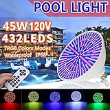 Es un reemplazo directo (estándar tornillo-in), 45 piscina Watt bulbo del LED con una vida útil de 65.000 potencia hours.once en, funciona en funciona en 7color Modo que destella, que tiene 9 modo dinámico y 7 modo estático por conmutación inalámbrica mando a distancia, o tener 16 cambios efectos por conmutación de encendido y apagado, es la luz perfecta para piscinas de tamaño medio y se utiliza típicamente como un reemplazo para 500w (o menor) luces estándar.