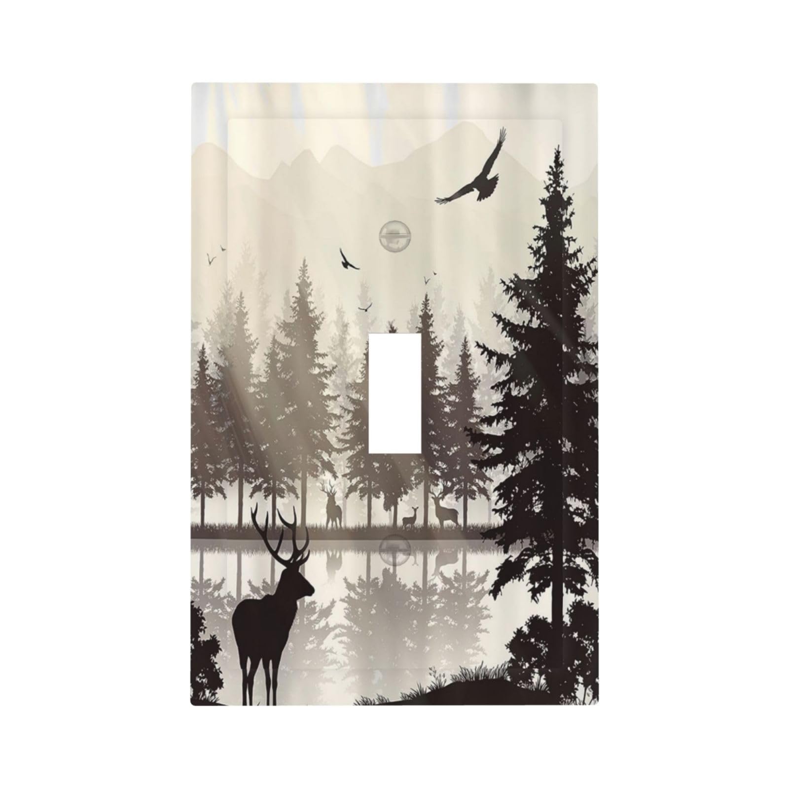 Misty Forest Deer Mountain Tree Black Woodland Lake Nature 1 Gang Light Switch Plate Cover Single Toggle Wall Plate Decorative Receptacle Switchplate