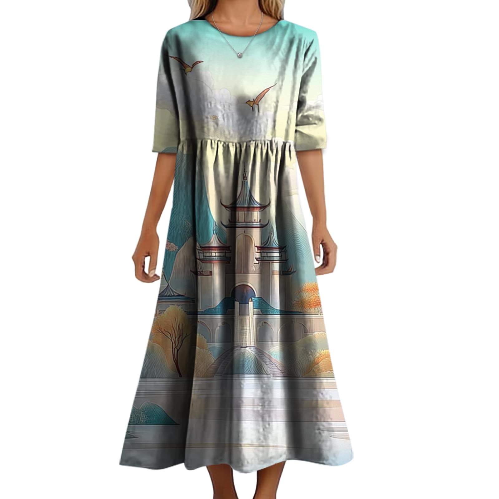 Womens 2025 Summer Floral Boho Dress Plus Size Crew Neck A Line Tunic Sundress Beach Long Maxi Trendy