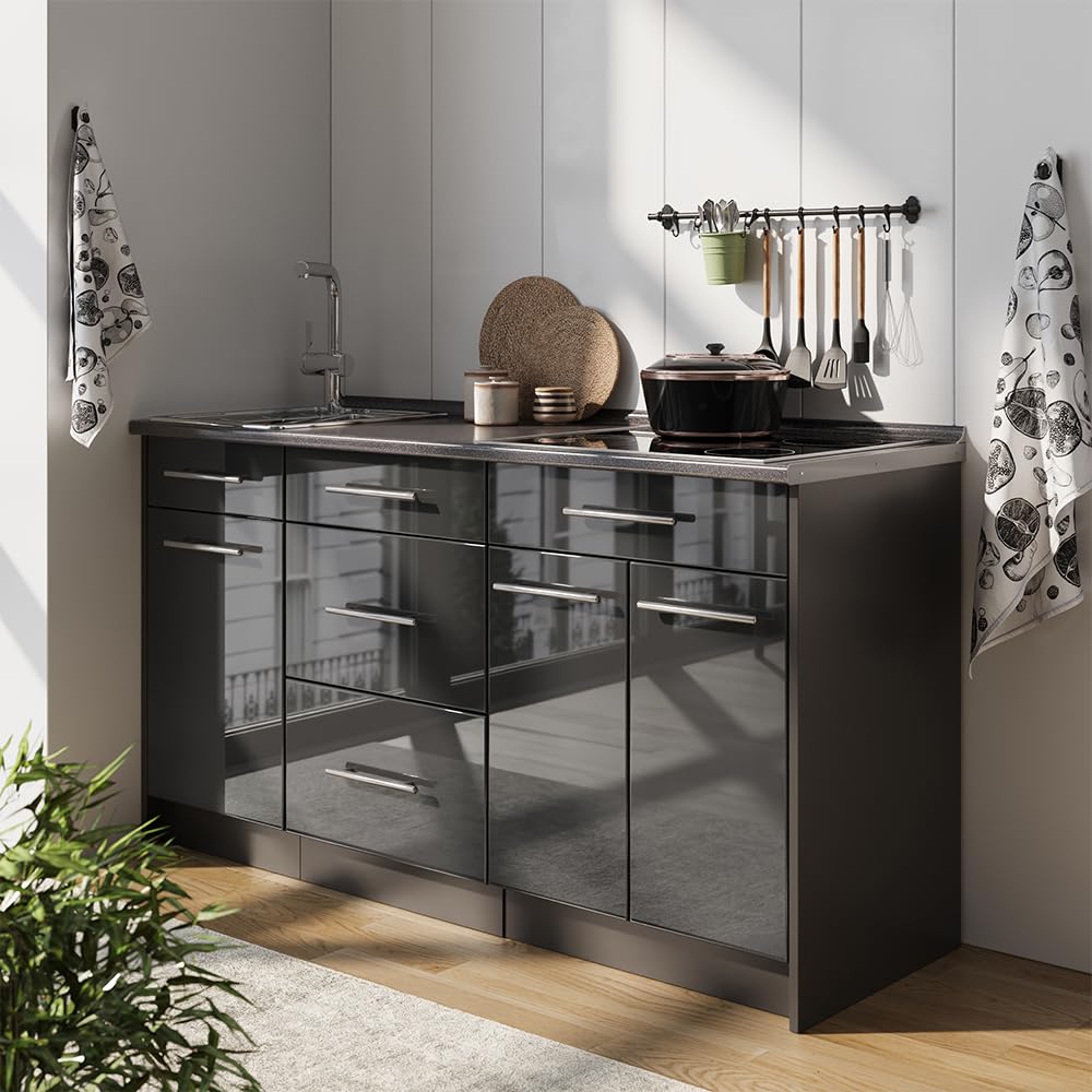 Vicco Küchenblock Fame-Line, Anthrazit Hochglanz/Anthrazit, 150 cm | AP Eiche, zur individuellen Erweiterung mit kompatiblen Modulen