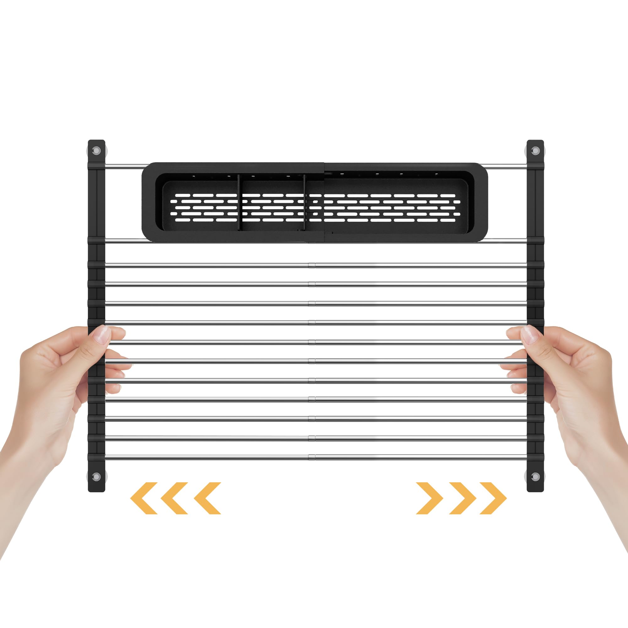 Yofidra Expandable Roll-Up Dish Drying Rack (Up to 19.6") with Expandable Storage Basket, Over-The-Sink Dish Drainer Drying Rack, Foldable Stainless Steel Kitchen Drainer - Black