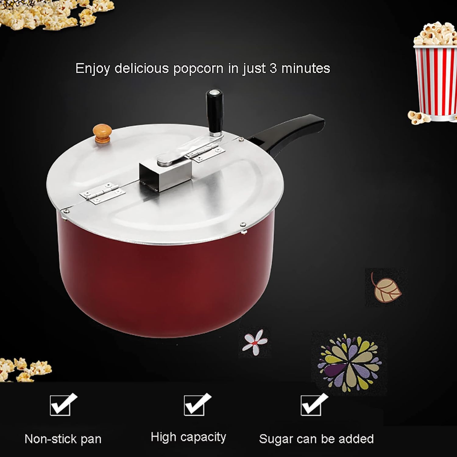 Máquina de palomitas de maíz para el hogar, olla de palomitas de maíz antiadherente de manivela a mano con mango antiquemaduras, tapa extraíble, varilla de agitación gruesa, cocina de inducción