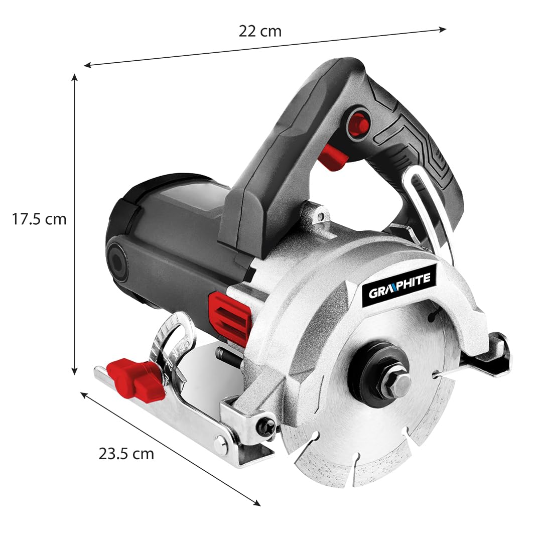 GRAPHITE Taglierina per gres porcellanato e pietra 1400 W, 125 mm; taglio a umido e a secco; set di collegamento dell'acqua; regolazione dell'angolo 0-45°; regolazione della profondità di taglio; lama