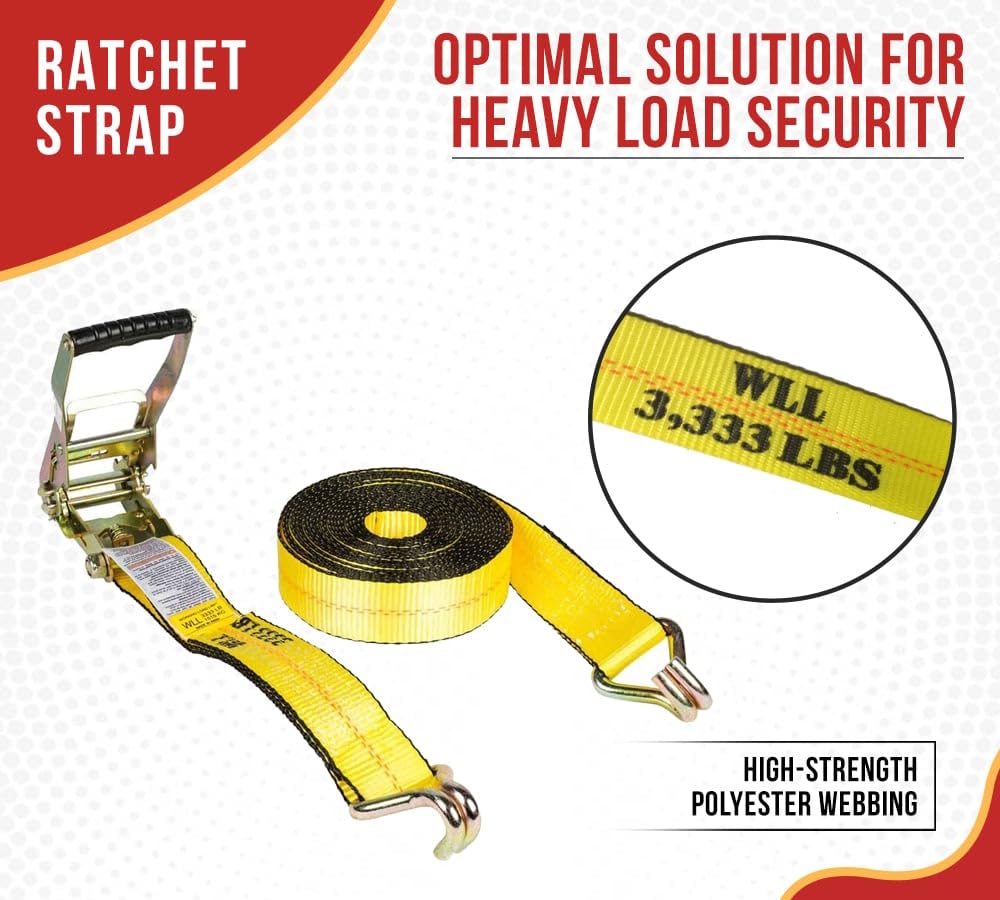 Mytee Products Ratchet Tie-Down Straps With Wire Hook, 2" X 30' Yellow Ratchet Strap | 10,000 Lbs Breaking Strength | Heavy Duty TieDown Ratchet Straps For Flatbed, Truck, Trailers Pickup (10 Pack