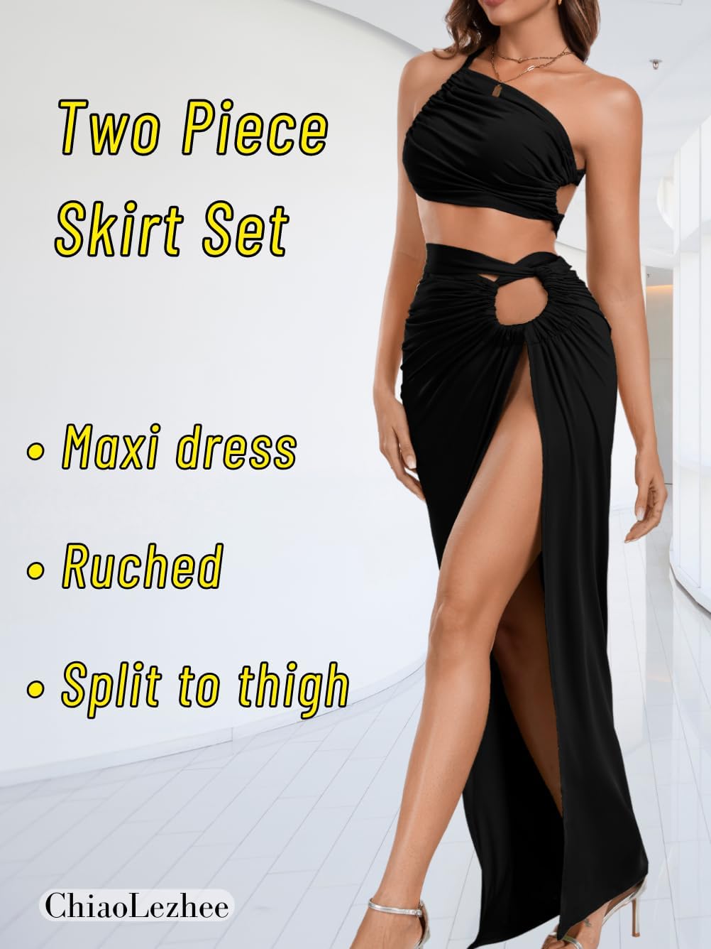 2 Piece High Slit Skirt Set, Sexy Cutout Floor Length Dress, Cocktail Wedding Guest, Ruched Backless Vacation - Image 2