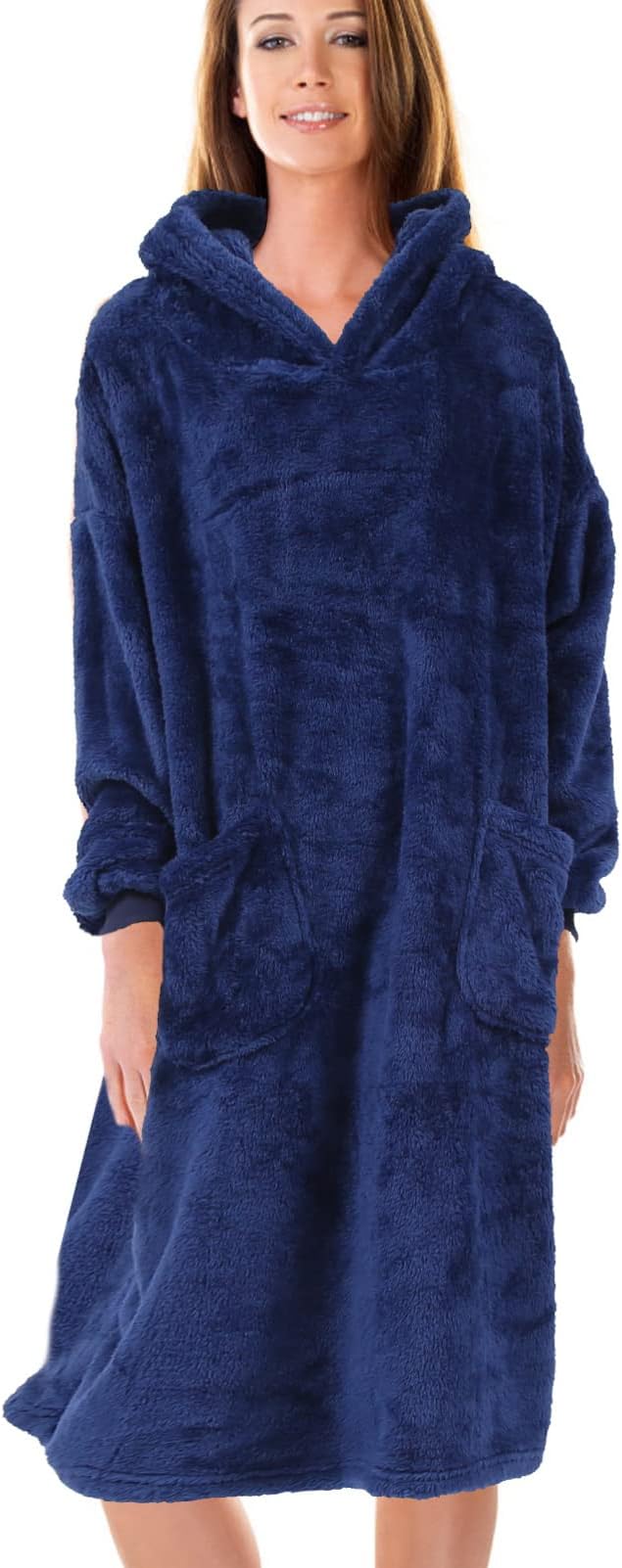 LIFKOMEWearable Blanket Hoodie, Blanket Hoodie Sweatshirt Oversized Sherpa Blanket Sweatshirt with Hood Pocket and Sleeves Soft Fuzzy Warm Flannel Blanket Hoodie Warm Pajamas for (Dark Blue)