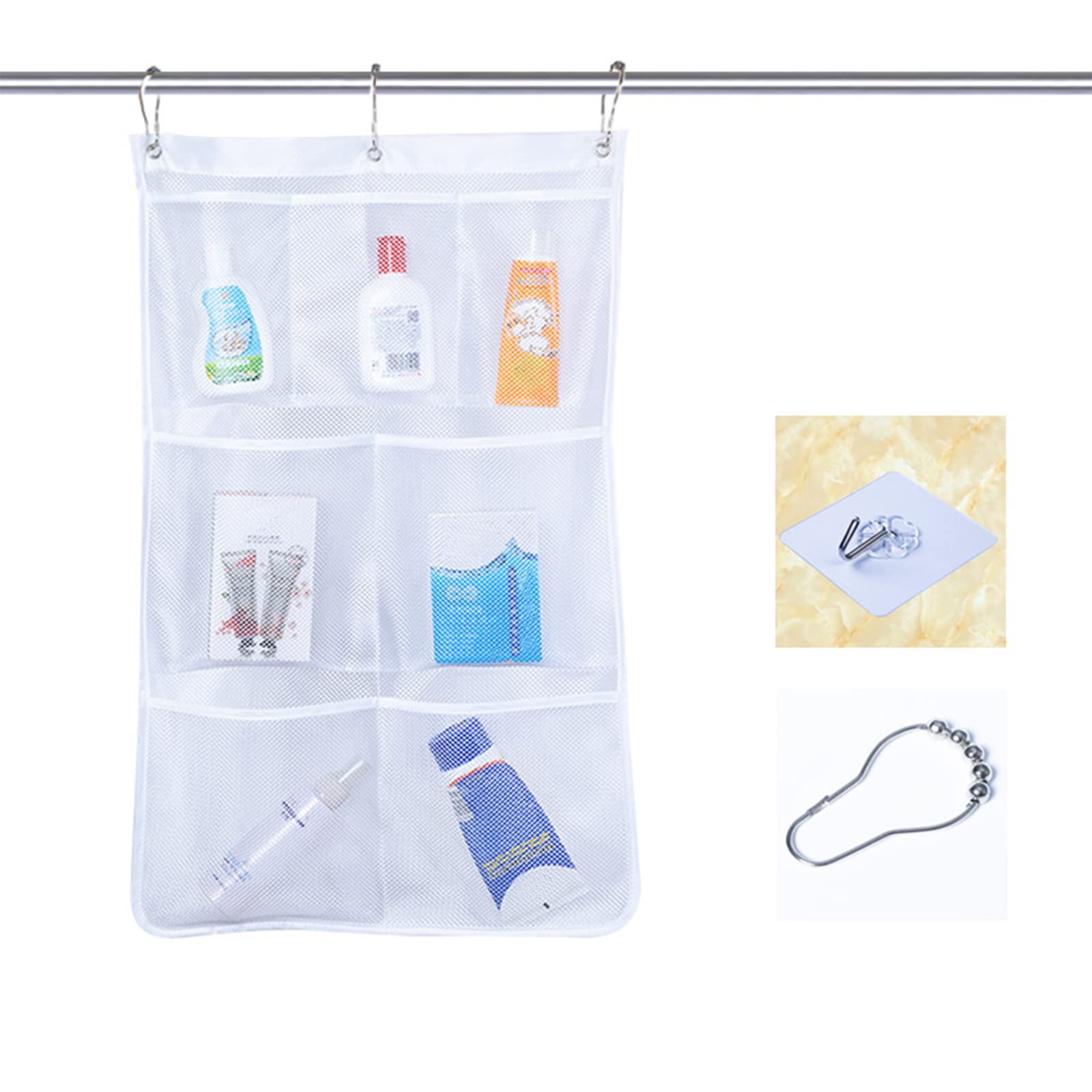 Beisto Mesh Shower Storage Organizer Hanging Caddy with 7 Pockets Shower Curtain Rod Hanging Organizer Storage Pockets Bathroom