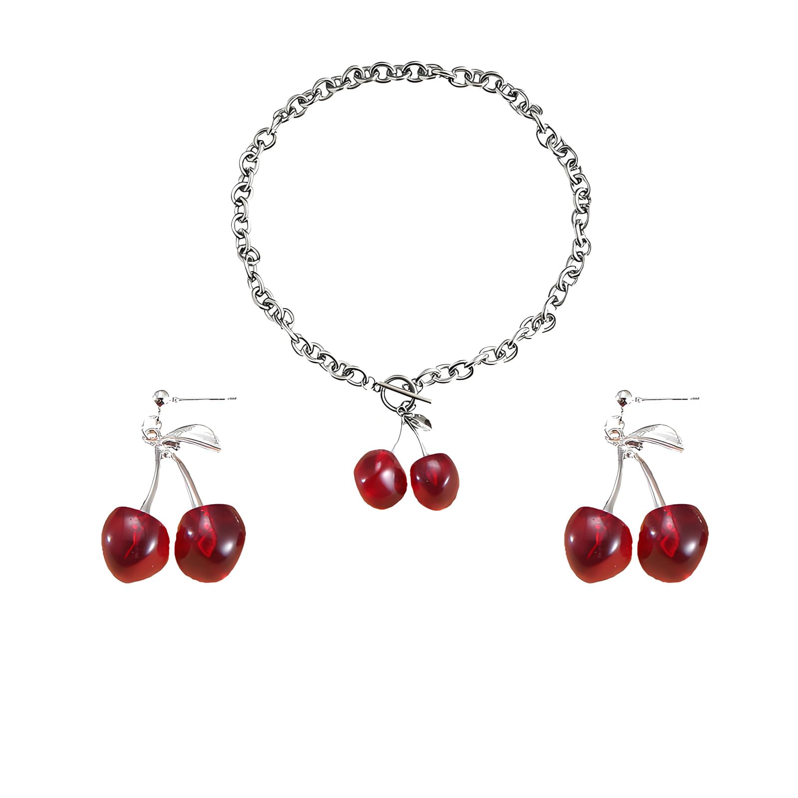 LPYO Cherry Earring Necklaces Set Or Cherry Earring Bracelet Set for Women Creative Geometric Ot Buckle Punk Gothic Chocker 3D Tropical Fruit Cherry