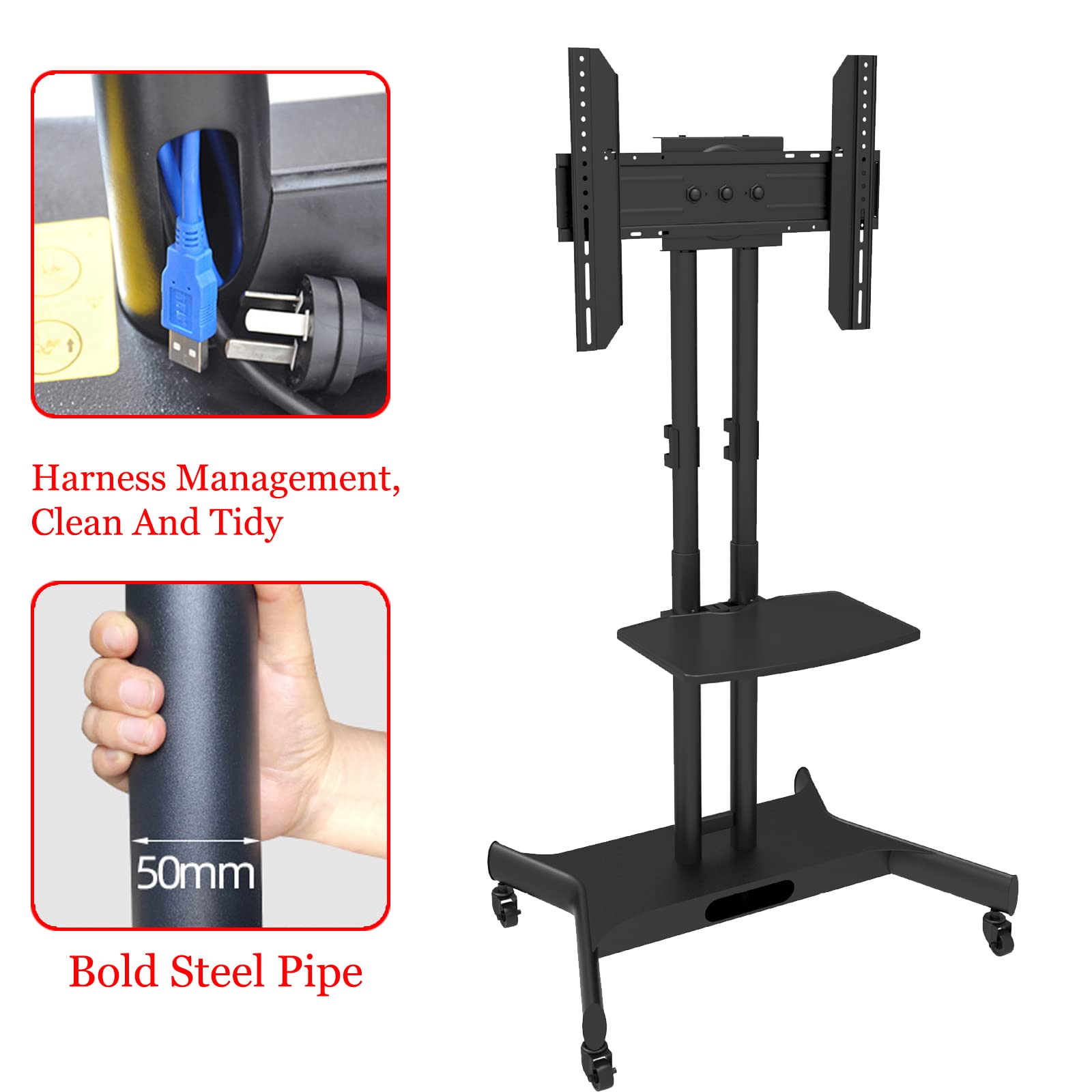 SRHIMEOS Chariot Meuble TV avec Roulette Support Télé Pied Pivotant de 32 à 65" – Mobile TV de Plancher Robuste – Anti Basculement et Ultra Stable – Fixation VESA 600x400mm