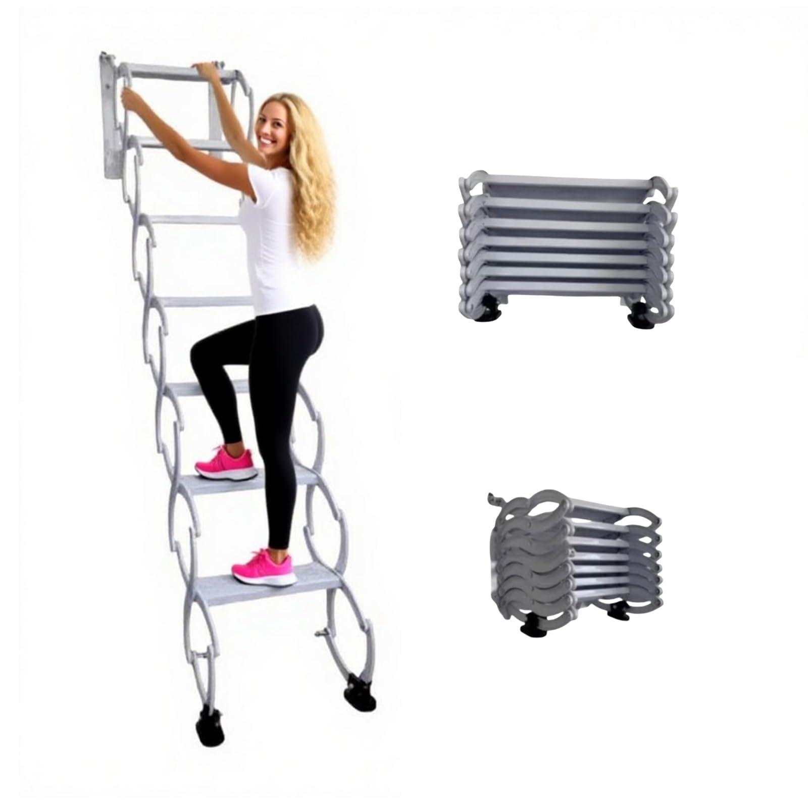 Heavy Duty Wall-Mounted Pull Down Ladders Stairs Retractable Loft Foldable Ladder Indoor and Outdoor Step Large Steel Telescoping Attic Ladder, Load Capacity 660Lbs(White,5 steps 130CM) White 5 steps 130CM