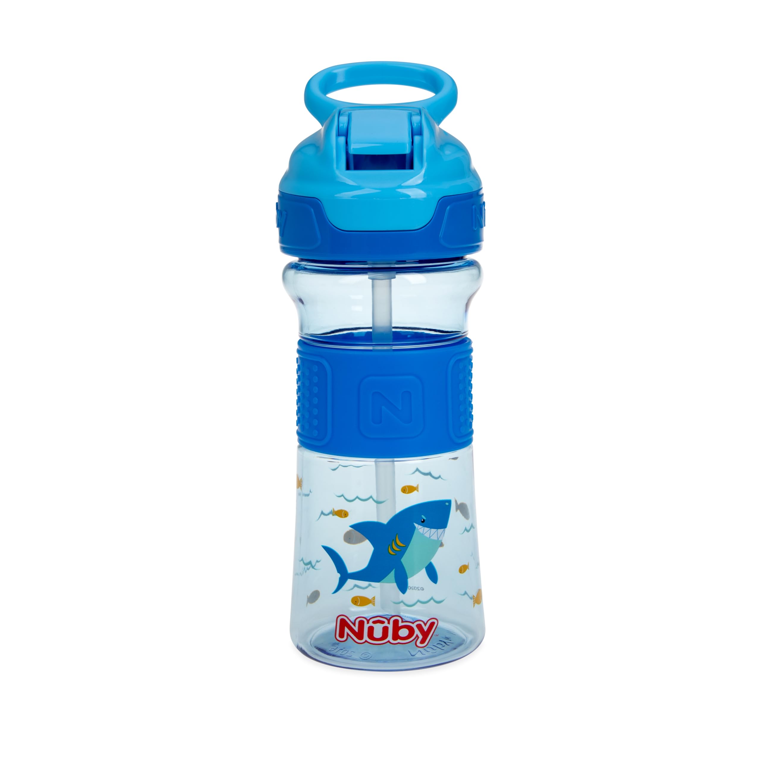 Nuby Thirsty Kids Push Button Flip-it Soft Spout on The Go Water Bottle with Easy Grip Band Blue