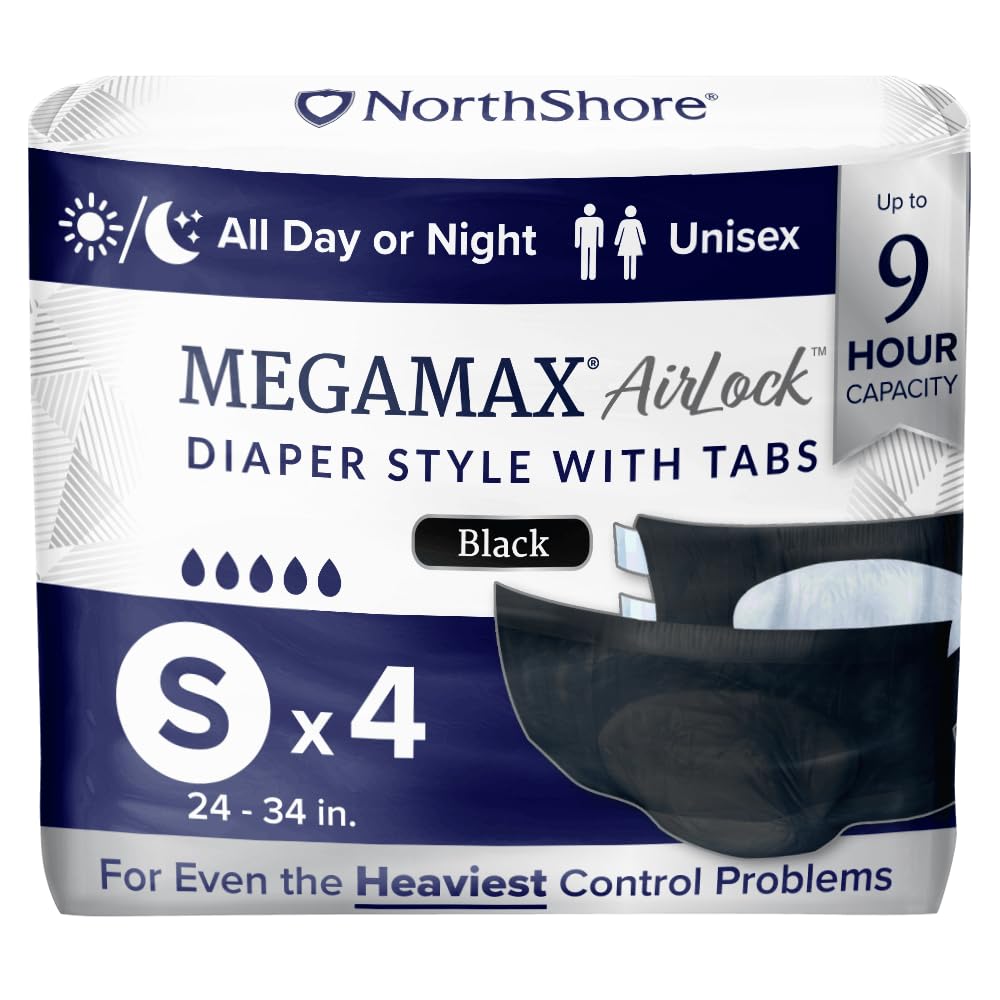 NorthShore MegaMax AirLock Breathable 9-Hour Heavy-Duty Tab-Style Adult Diapers, Small, Starter Pack of 4, Black, 24-34 inches, Unisex Incontinence Underwear