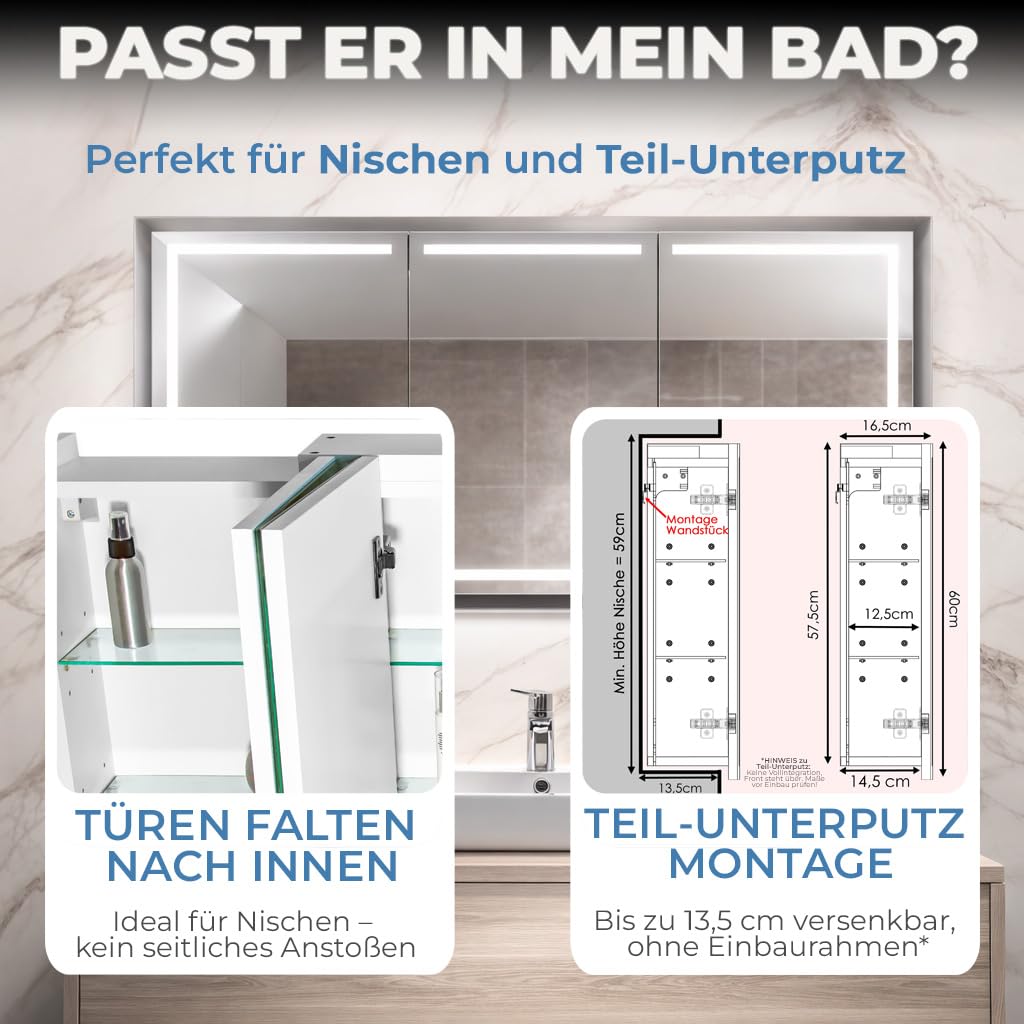 Milano Spiegelschrank Bad 100 cm, LED-Beleuchtung, Steckdose | Badspiegelschrank Weiß mit umlaufender LED-Beleuchtung, fertig montiert, Unterputz geeignet, Blum-Scharniere, Made in Europe
