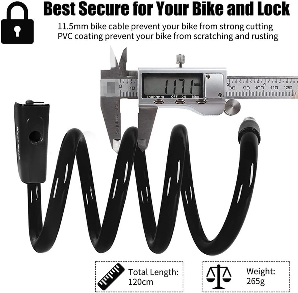Lucchetti antifurto per Bici, per cancelli di Biciclette, Bici elettriche, Moto, con Nucleo in Rame, Lucchetto MTB in Acciaio Resistente, Lucchetto per Bicicletta (Blu 120 cm)