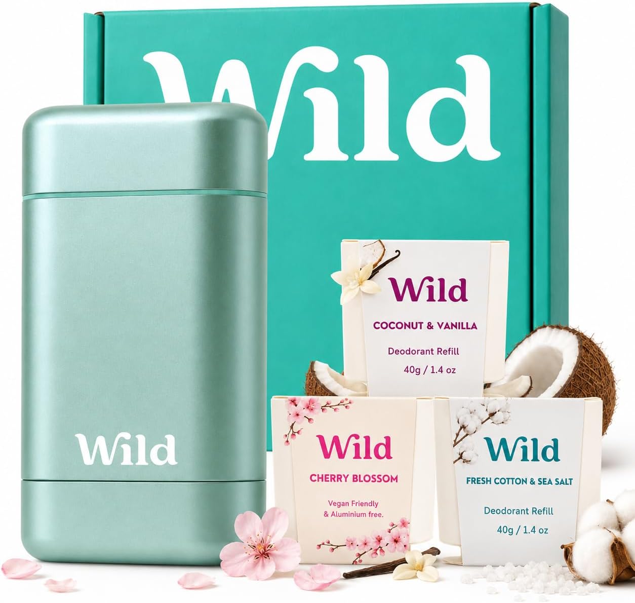 Wild - Aqua Case with Refill Variety Pack - Natural Refillable Deodorant - Aluminum Free - Includes Fresh Cotton & Sea Salt, Cherry Blossom and Coconut & Vanilla Scents - Vegan