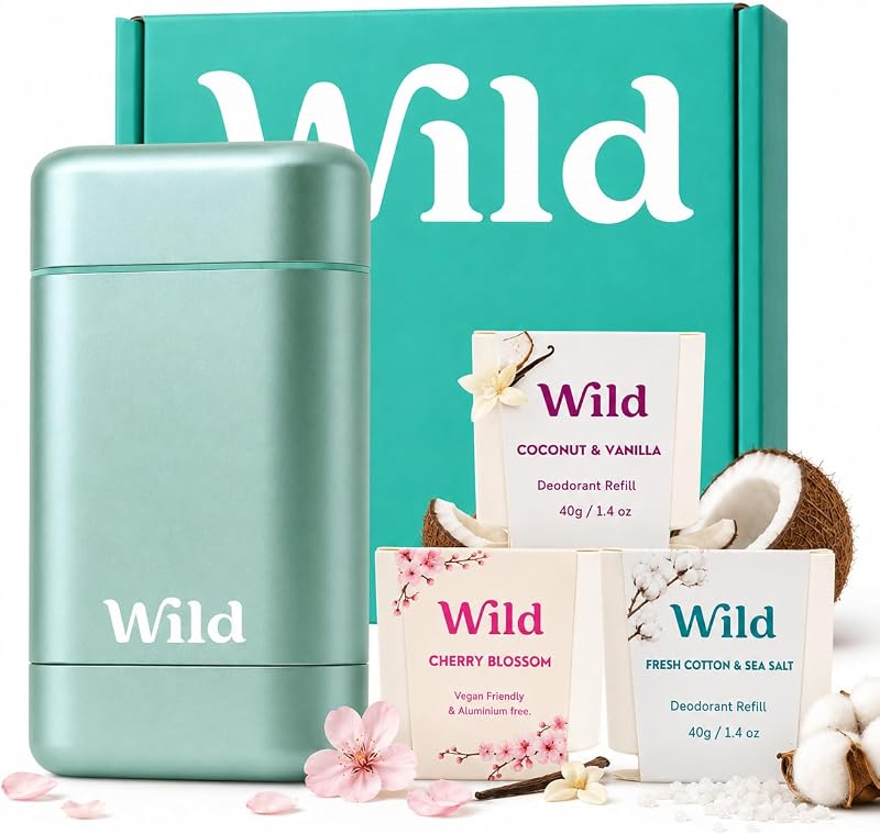 Wild Kit Inicial de Desodorante Natural sem Alumínio com Estojo Aqua Recarregável e 3 Refil
