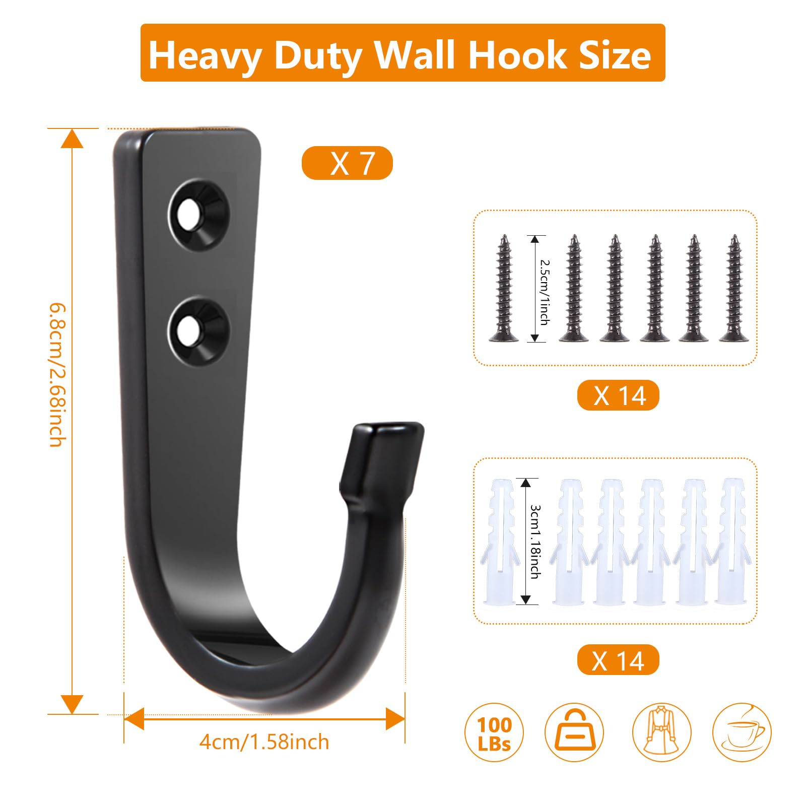 XHIPY 7 PCS Heavy Duty Single Prong Wall Hooks - Metal Hooks for Garage, Backpacks, Coats, Cast Iron Pans, Tools (Black)
