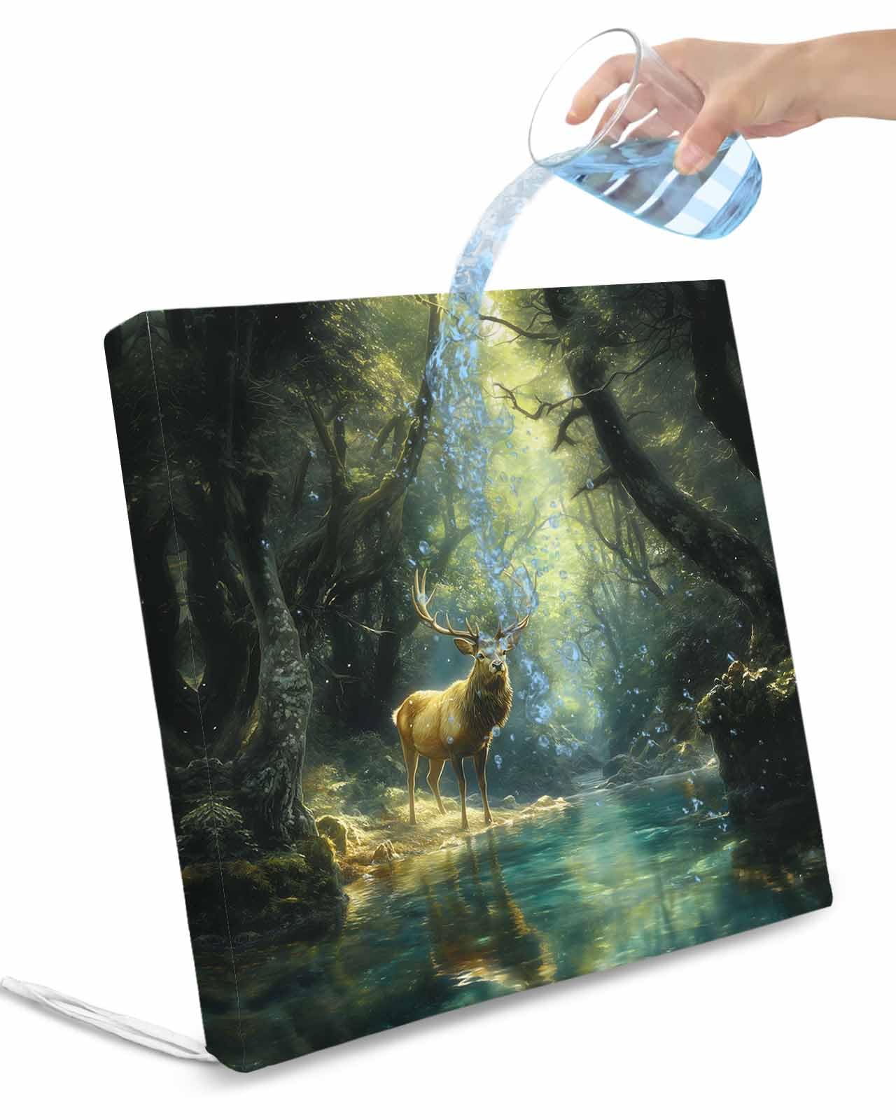 2 Pack Green Forest Deer Waterproof Cushion Covers with Ties, Outdoor Patio Chaise Lounge Chair Seat Cushion Slip Covers Replacement(Only Cover) Fantasy Vintage Nature Scenery 22