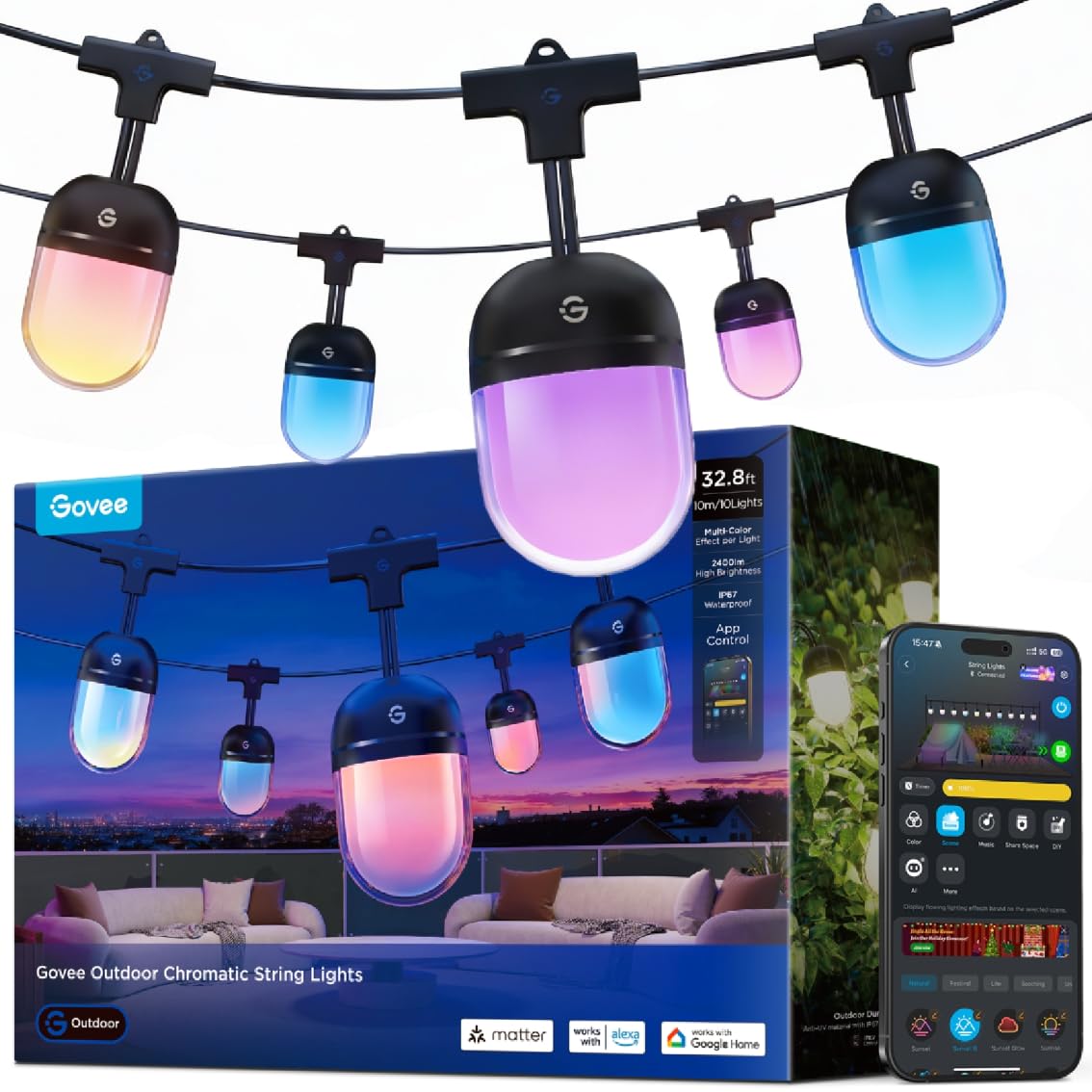 Govee Łańcuch świetlny zewnętrzny 10 m, RGBICW 240 lm na LED, sterowanie za