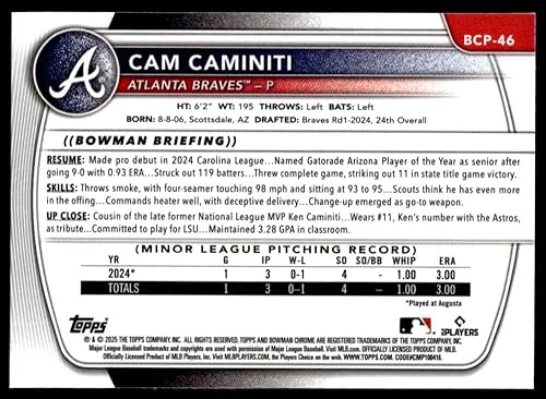 Miniatura 2 de 2025 Bowman Chrome Prospects #BCP-46 Cam Caminiti Atlanta Braves RC Rookie MLB Baseball Base Trading Card