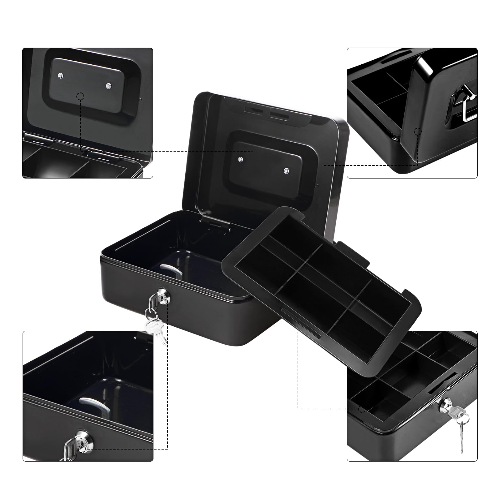 Blulu Lot de 2 caisses à monnaie verrouillables avec plateau à billets et serrure à clé en métal pour économiser de l'argent - Coffre-fort à cocher - 20 x 16 x 9 cm - Noir