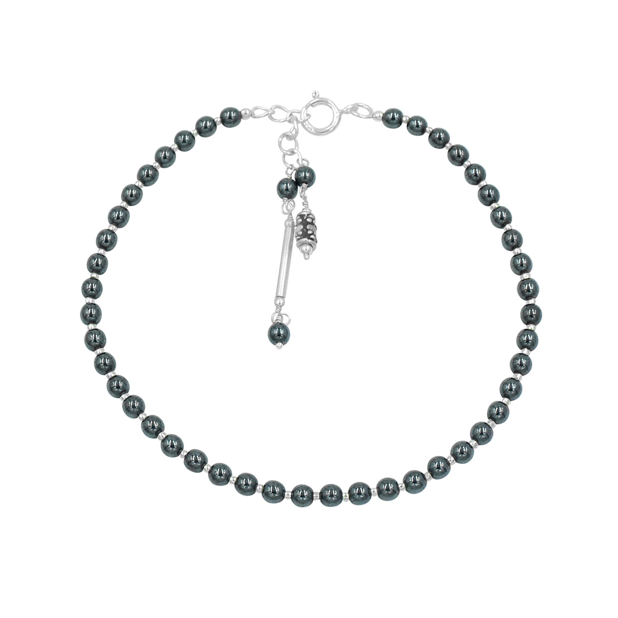 SILVESTO INDIA Natural Hematite Gemstone Anklet 925 Sterling Silver Beaded Anklet For Women