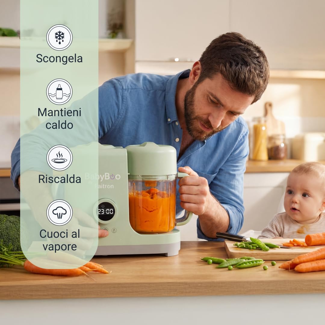BABYBOO Robot Pappa 7-in-1 Cuoci a Vapore e Frulla 20 Minuti 300W Scaldabiberon Sterilizzatore Tritan Acciaio Inox Display Digitale