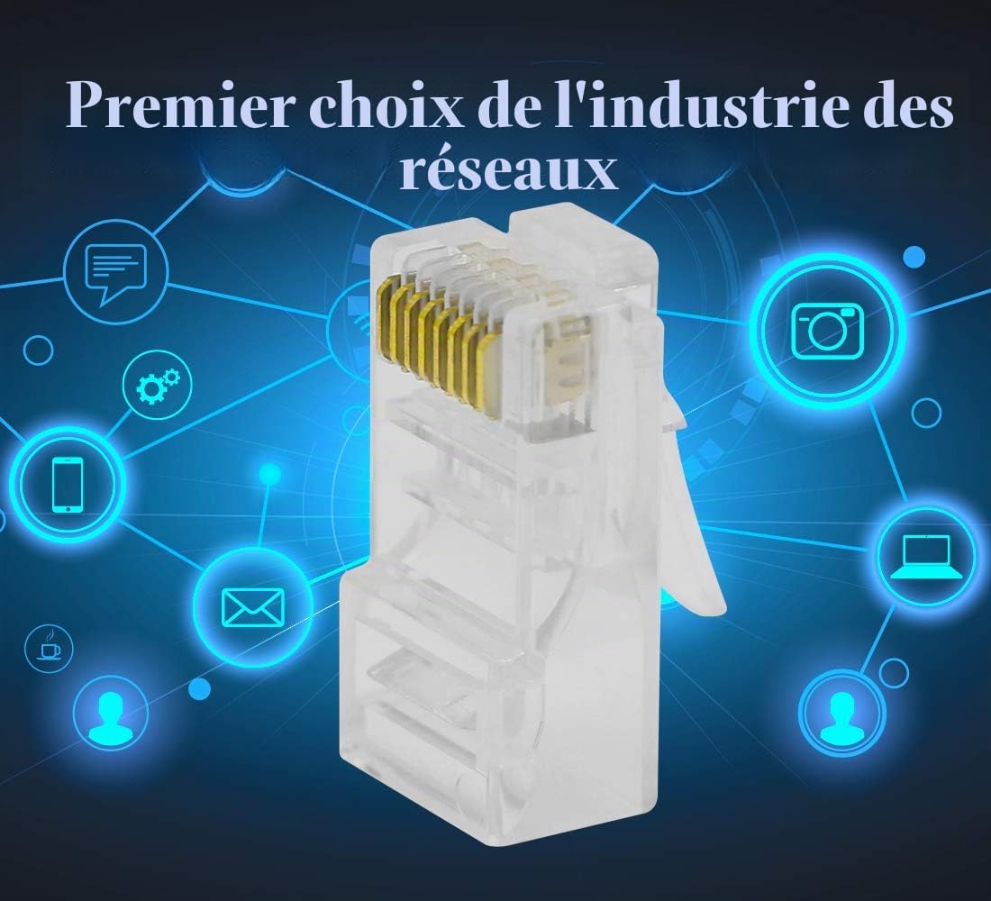 Lot de 100 fiches modulaires RJ45 CAT6 à sertir 8P8C - Connecteurs RJ45 22-26 AWG pour câble torsadé CAT5, CAT5E, CAT6 UTP