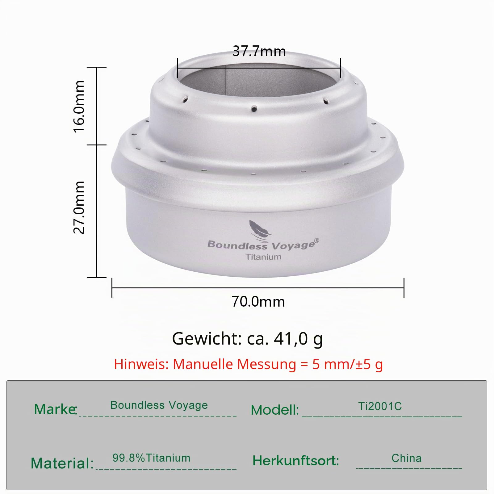 iBasingo Titan Alkoholkocher Spirit Herd mit Halterung Camping Spirituskocher Tragbarer Brenner Outdoor Mini Heizung Flüssigalkohol Herd Picknick Ofen Backpacking Wandern Stove mit Sack Ti2001C