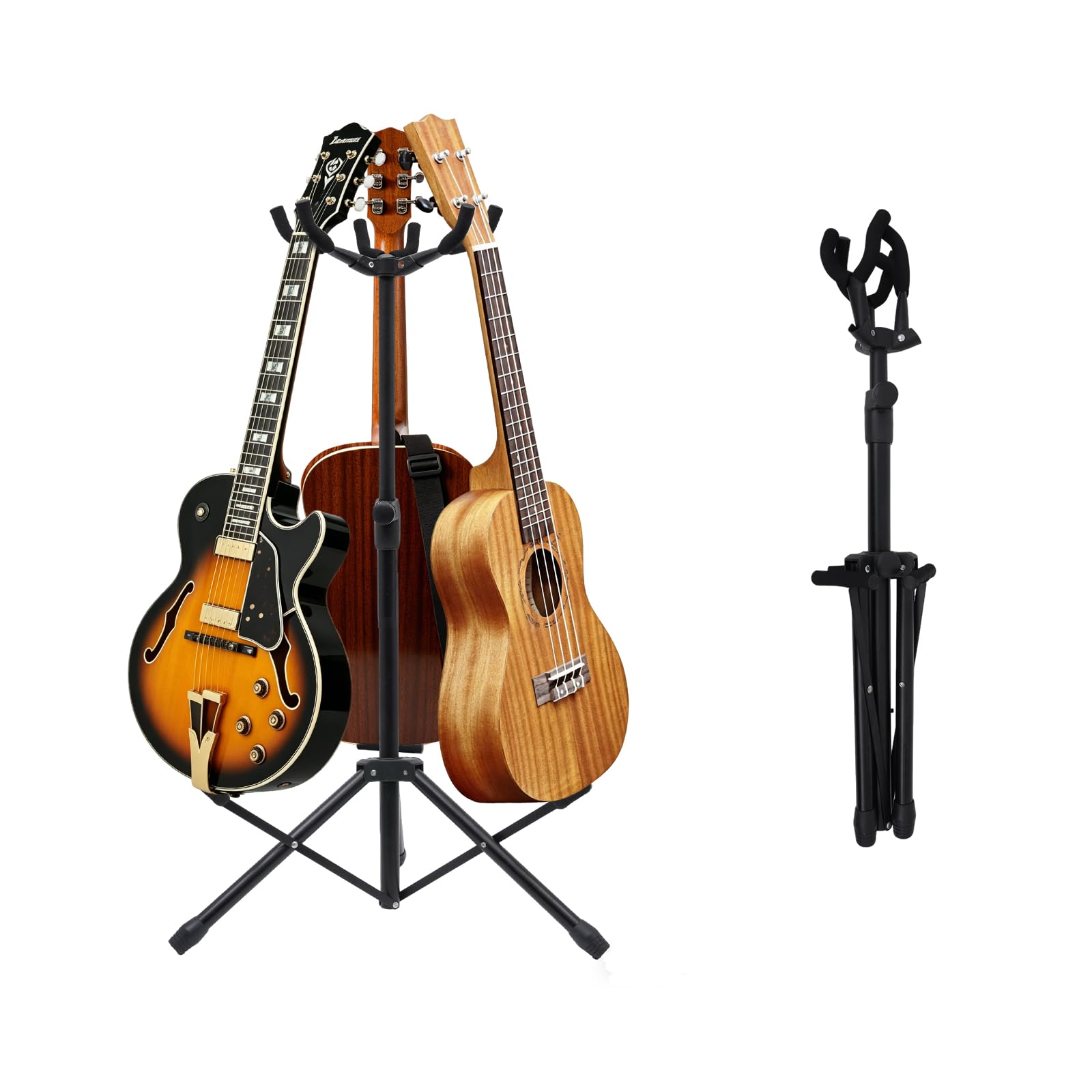 Dreifacher Gitarrenständer – robuster Gitarrenständer für 3 Gitarren für Akustik/Elektro/Bass/Banjos, faltbares Design, rutschfeste Unterseite und Anti-Rost – tragbar für Bühne/Reisen/Studio