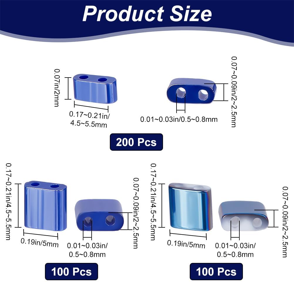 CREATCABIN 400Pcs 2 Hole Half Tila Beads 3 Style Mix Glass Seed Beads Rectangle Opaque Square Tila Bead Mini Lustered with Container for Craft Bracelet Necklace Earring Jewelry Making Blue 2mm 5mm