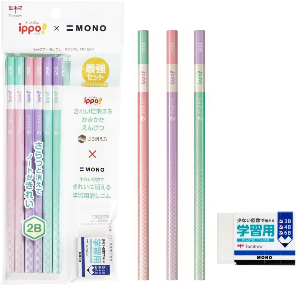 Tombow Pencil ippo! Kikata Clean Erasing Pencils, 2B, 6 Pieces Eraser, MONO Learning Set, Pink, PCE-711B