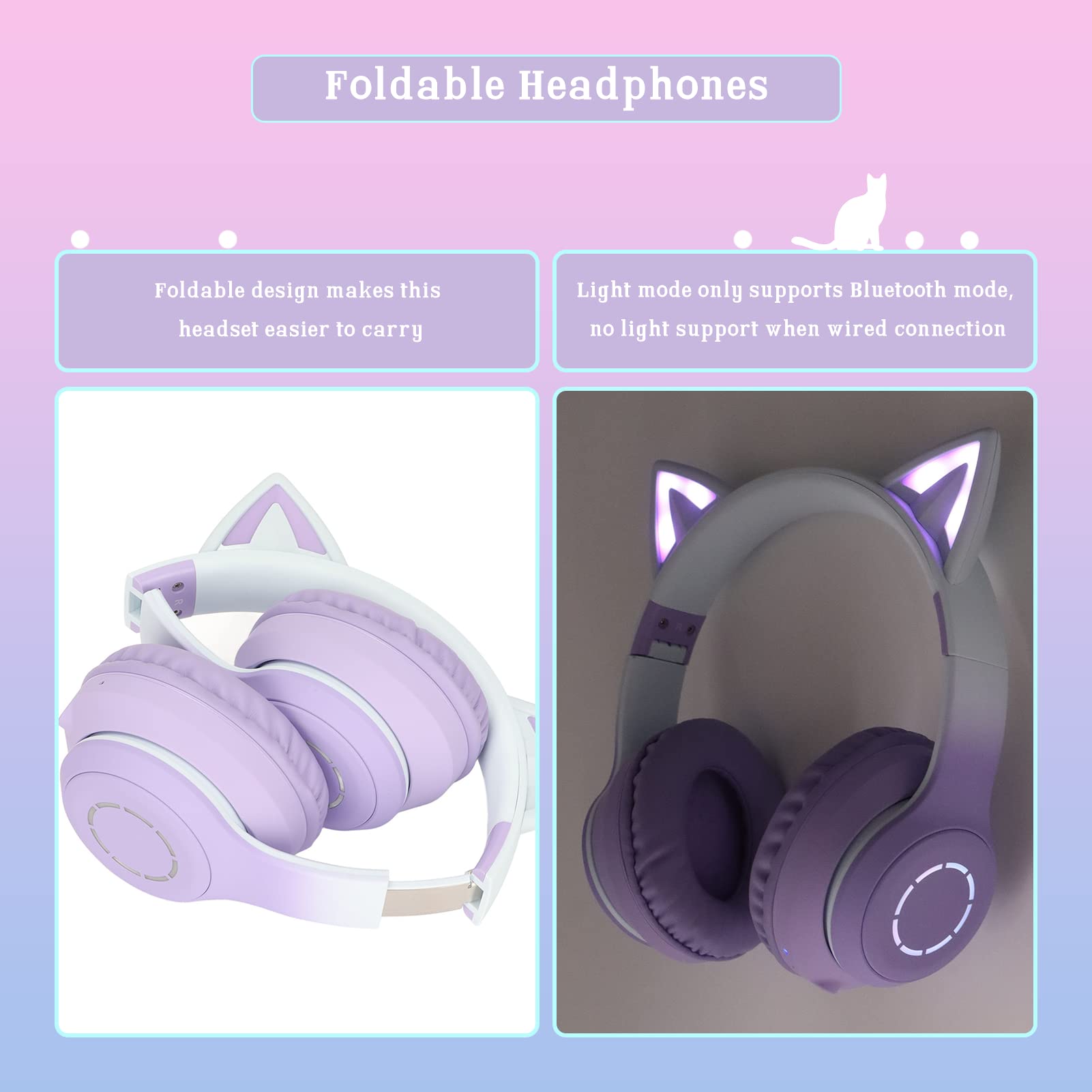 Casque Chat, casque sans fil Bluetooth 5.1 Chat, câble AUX 3.5mm, casque pliable, bandeau ajustable, mic détachable, 7 couleurs de lumières LED et 4 modes LED, convient aux filles et adultes (Violet)