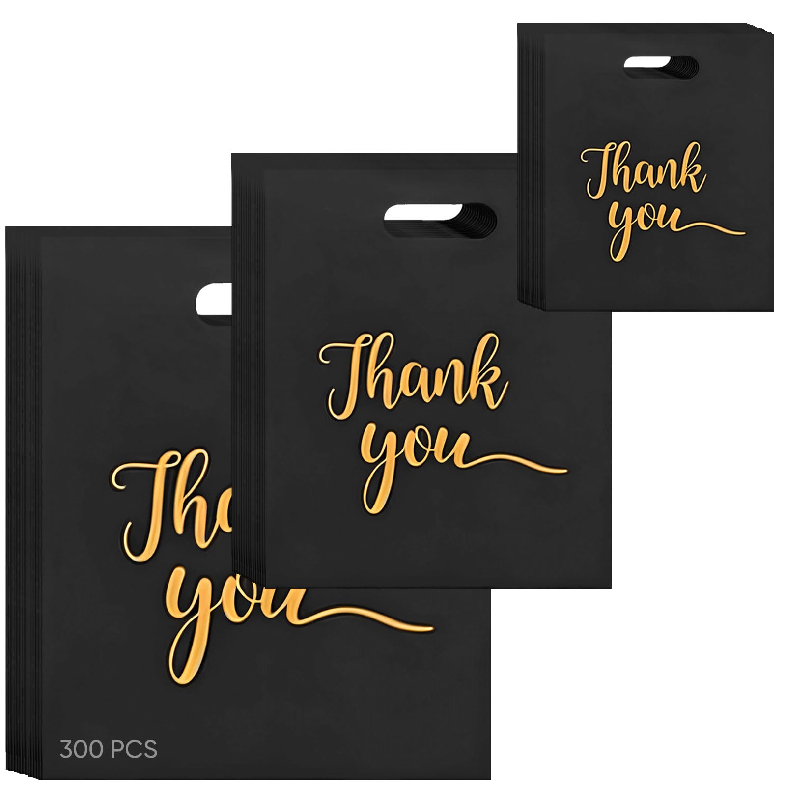 300 Pcs Black 'Thank You' Merchandise Bags, 3 Assorted Sizes, Die-Cut Handles, Plastic Shopping Bags for Small Business, Boutique, Retail, Party Favors, 5.9 x 7.9 in, 7.9 x 11.8 in, 9.8 x 13.8 in
