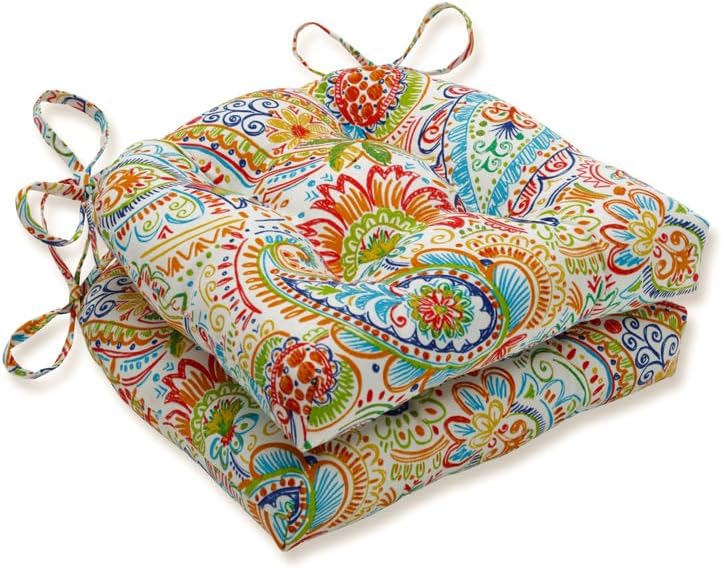 Pillow Perfect Paisley Indoor/Outdoor Chairpad with Ties, Reversible, Tufted, Weather, and Fade Resistant, 15.5" x 16", Blue/Green Gilford, 2 Count Blue/Green Gilford 15.5" x 16"