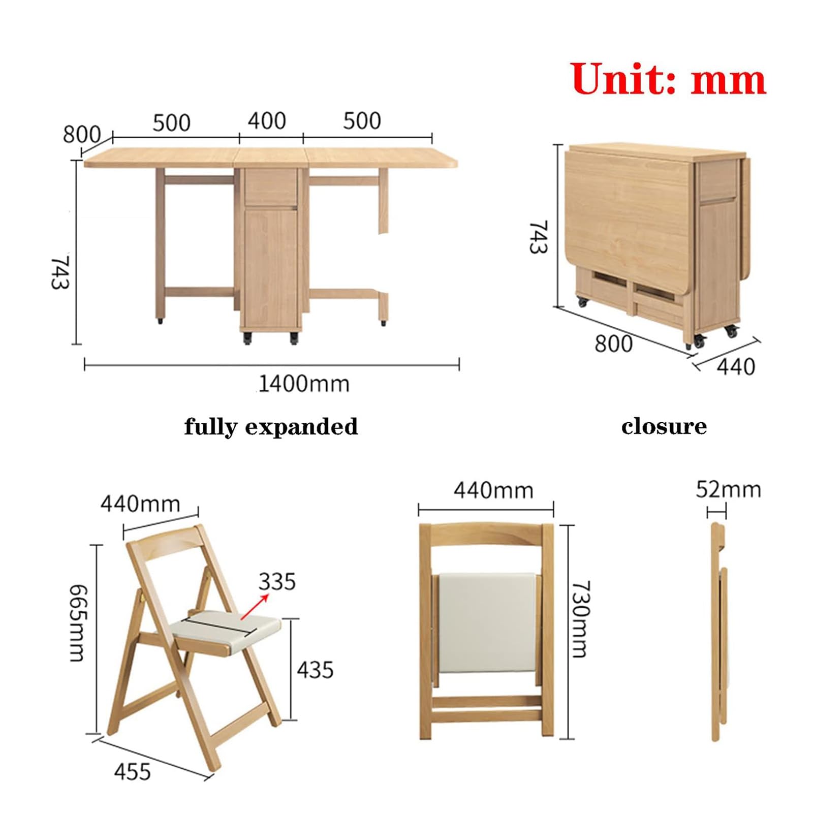 Ensemble table de salle à manger et chaises en bois massif extensible de 1,4 m pour salon