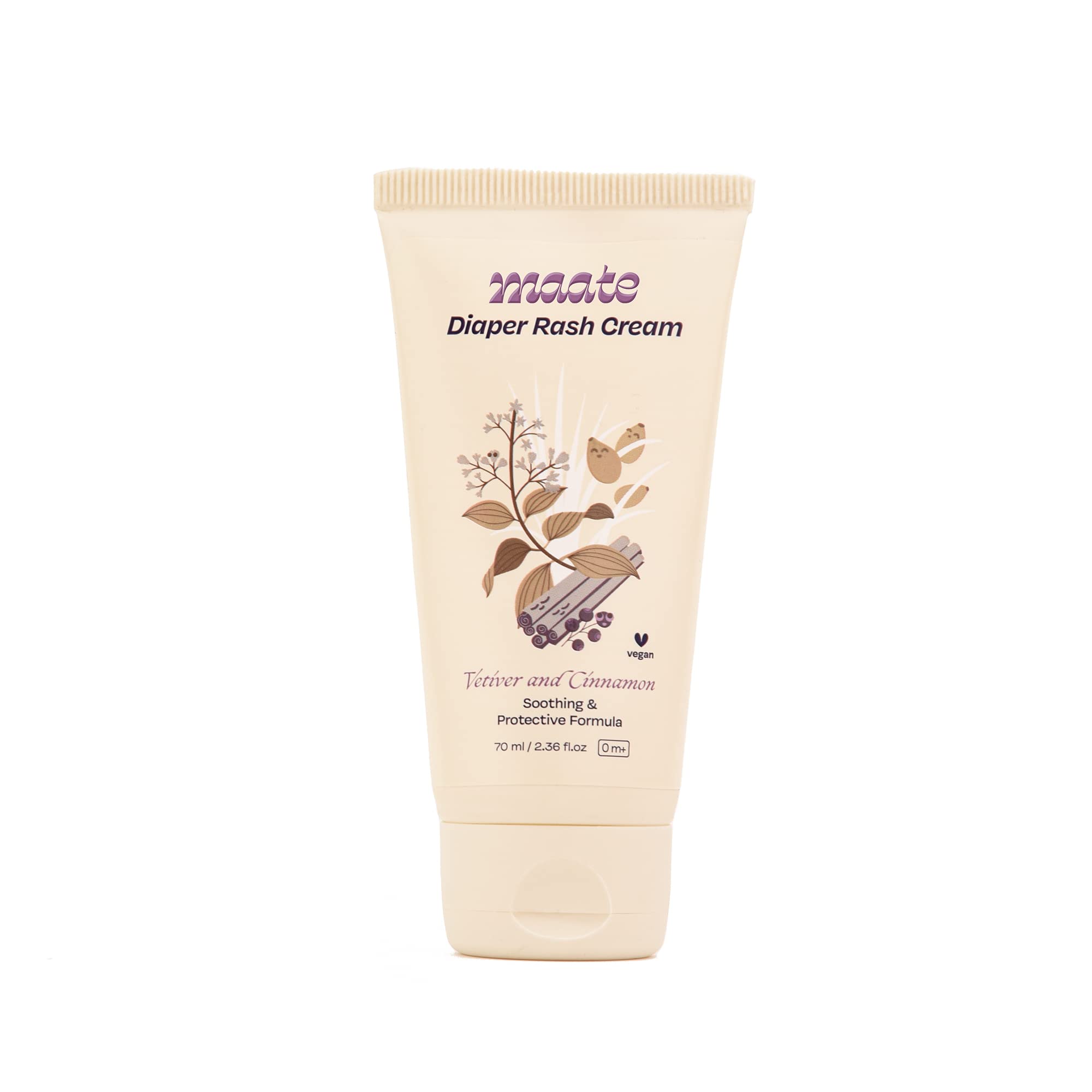 MAATEBaby Diaper Rash Cream, 70 ml, Heals and prevents skin irritation, Enriched with Vetiver, Cinnamon and Rosemary Oils, Dermatologically Tested, Vegan, Baby
