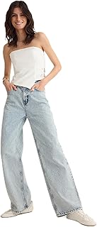 بنطلون جينز بقصة ساق واسعة وخصر مرتفع للنساء طراز TWOSS25JE00181 من تريندول، لون أزرق فاتح، مقاس 32