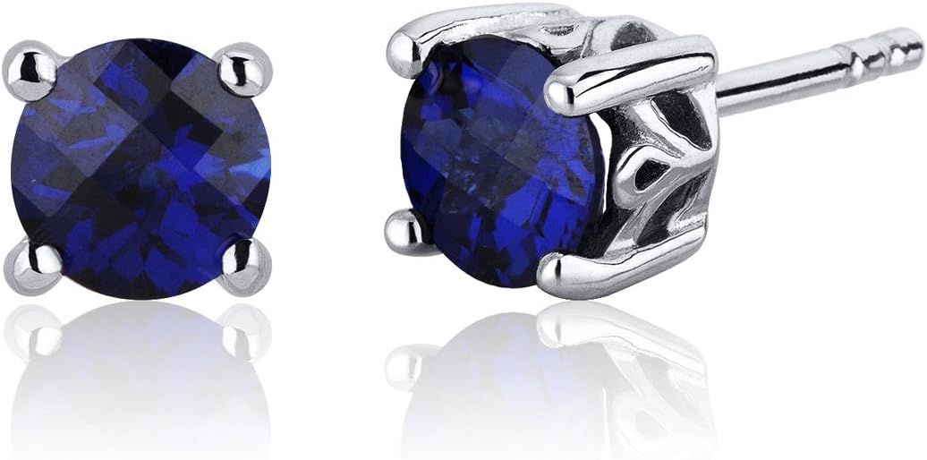 Peora Created Blue Sapphire Stud Earrings 925 Sterling Silver, Solitaire Scroll Gallery, 2 Carats Total, Round Shape 6mm, Friction Backs, Blue Earrings, September Birthstone Gift