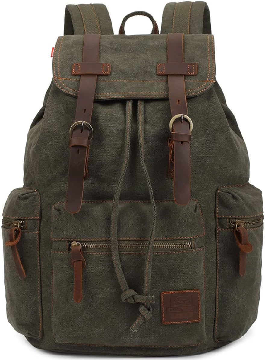 Mochila de lona para mujeres y hombres, estilo vintage, al aire libre, casual, mochila de viaje con cordón, mochila de viaje grande, Verde, Mochilas